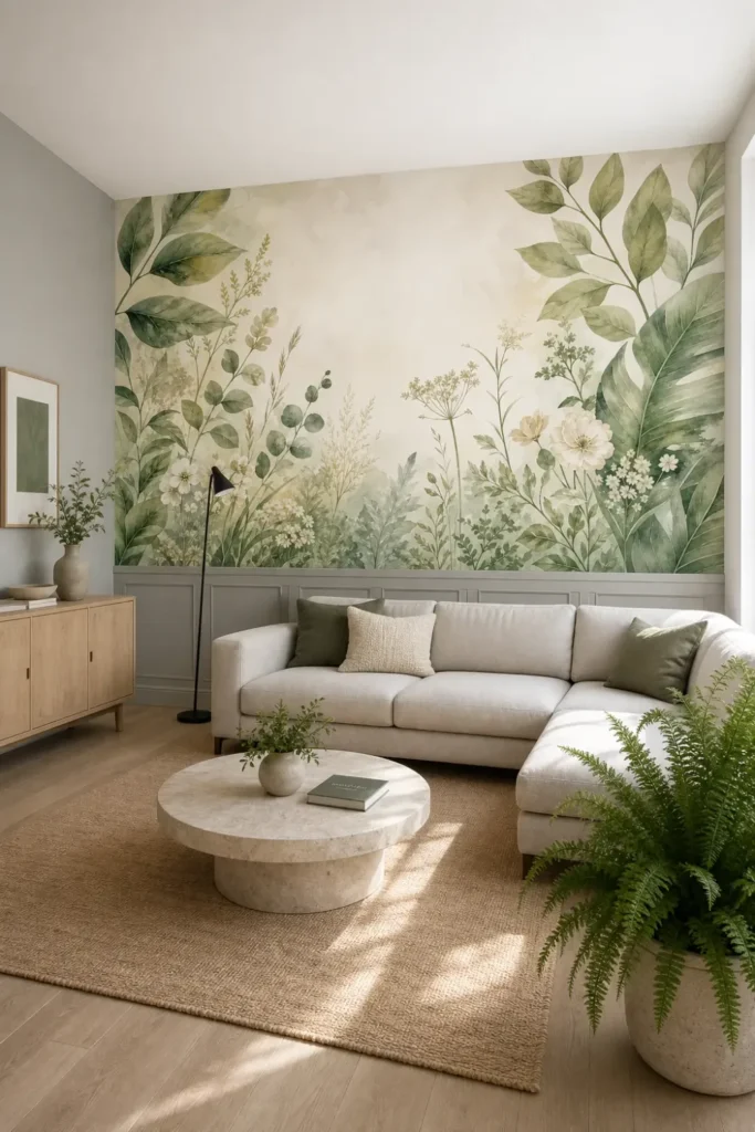 A tranquil minimalist living room featuring a large soft botanical bedroom mural with sage green leaves and cream flowers above a modern wainscoting.