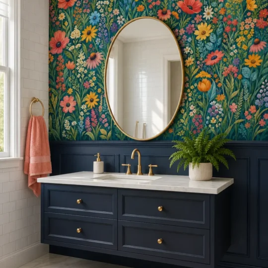 A modern neoclassical bathroom featuring a vibrant painted wildflower meadow mural above navy blue wainscoting.