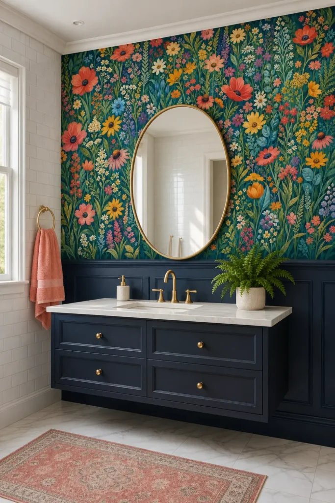 A modern neoclassical bathroom featuring a vibrant painted wildflower meadow mural above navy blue wainscoting.