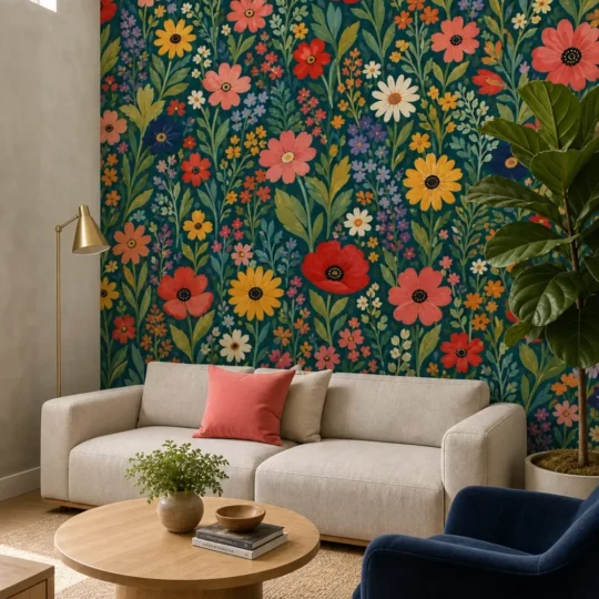 A boutique lounge featuring a flat folk art wildflower mural on a dark teal accent wall behind a modern modular sofa.