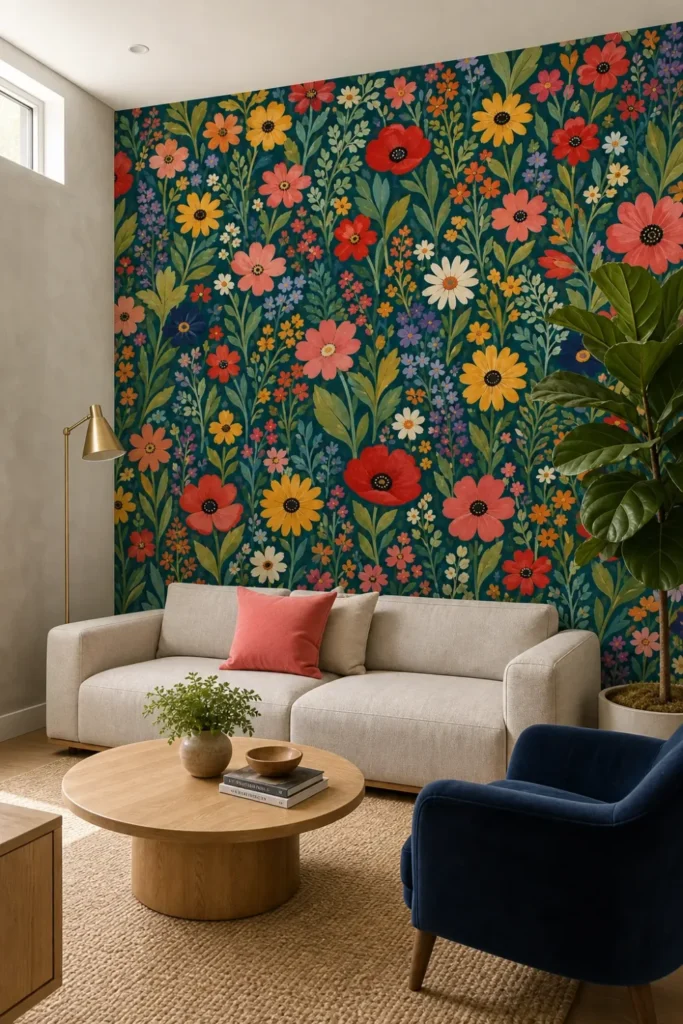 A boutique lounge featuring a flat folk art wildflower mural on a dark teal accent wall behind a modern modular sofa.