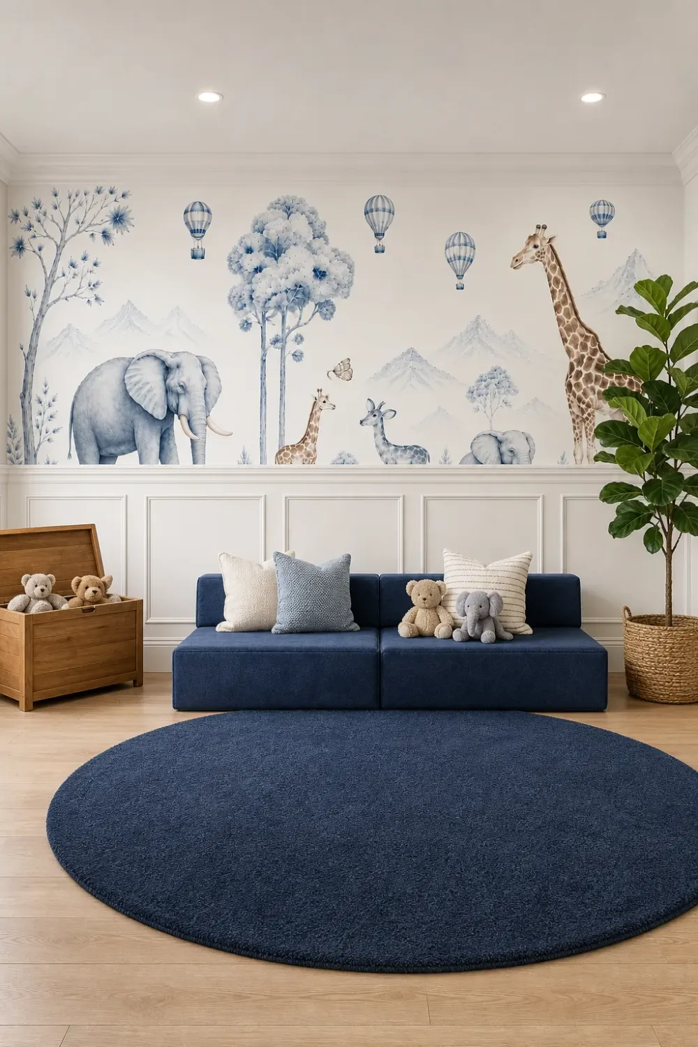 A classic contemporary playroom featuring Blue Safari Nursery Wallpaper with Watercolor Animals and Hot Air Balloons installed above elegant white wainscoting.