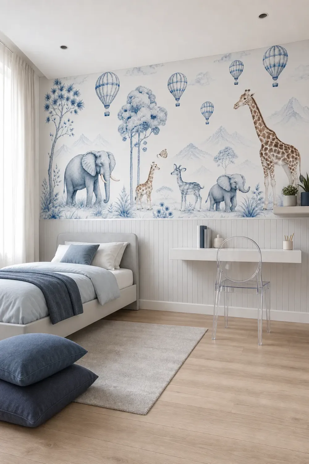 A minimalist kid's bedroom featuring a Blue Safari Nursery Wallpaper with Watercolor Animals and Hot Air Balloons installed above a white paneled lower wall.