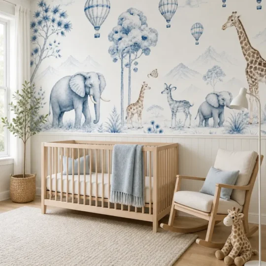 A modern Scandinavian nursery featuring Blue Safari Nursery Wallpaper with Watercolor Animals and Hot Air Balloons installed above elegant wall paneling.