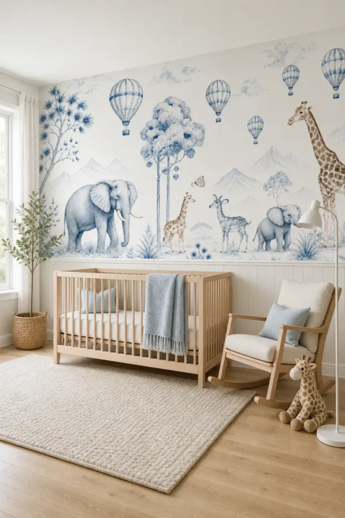 A modern Scandinavian nursery featuring Blue Safari Nursery Wallpaper with Watercolor Animals and Hot Air Balloons installed above elegant wall paneling.