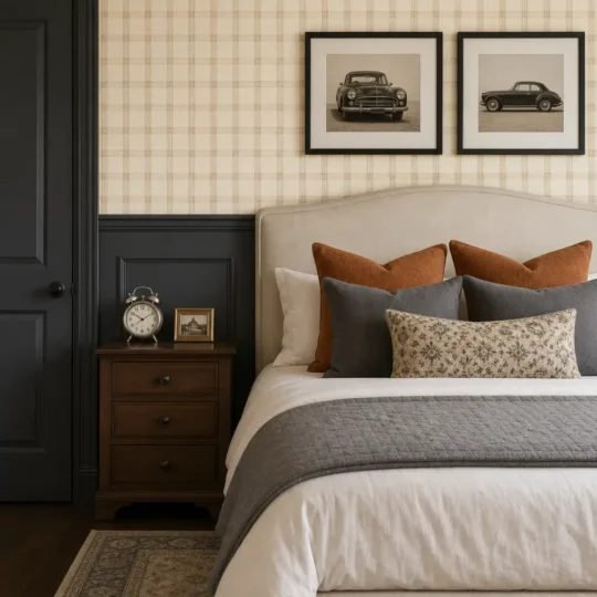A sophisticated bedroom featuring Classic Beige Plaid Wallpaper above dark charcoal wainscoting.