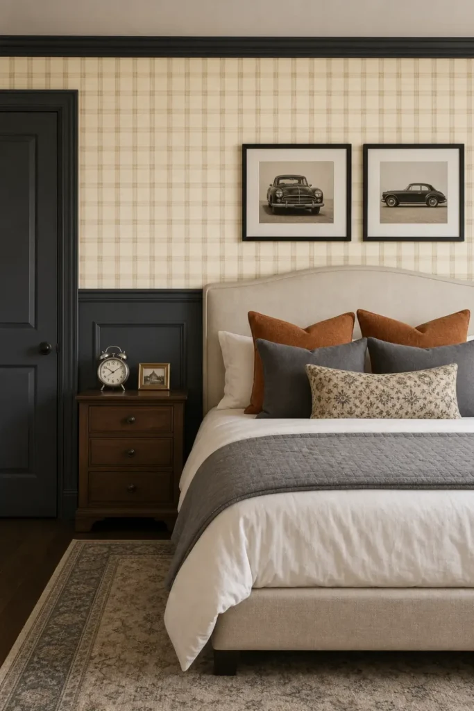 A sophisticated bedroom featuring Classic Beige Plaid Wallpaper above dark charcoal wainscoting.