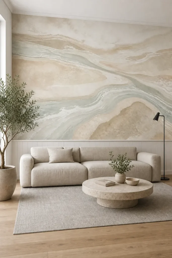 A contemporary Scandi-minimalist living room featuring an abstract sandbar tide lines mural installed above modern wainscoting.