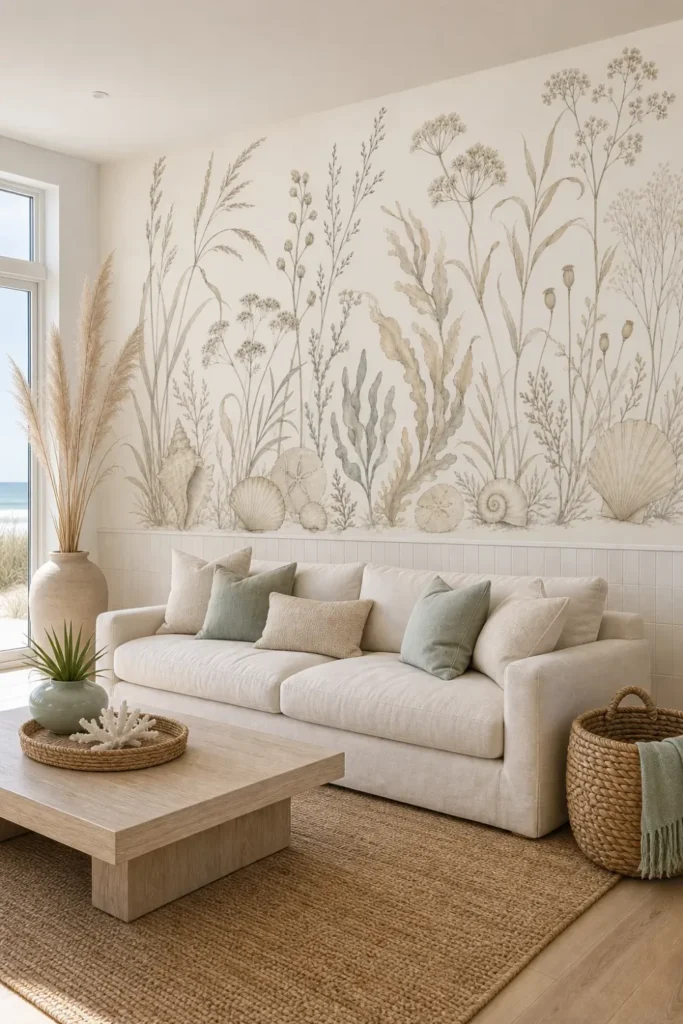 A vertical view of a contemporary coastal living room featuring a botanical sea grass shell line mural installed above decorative wall paneling.