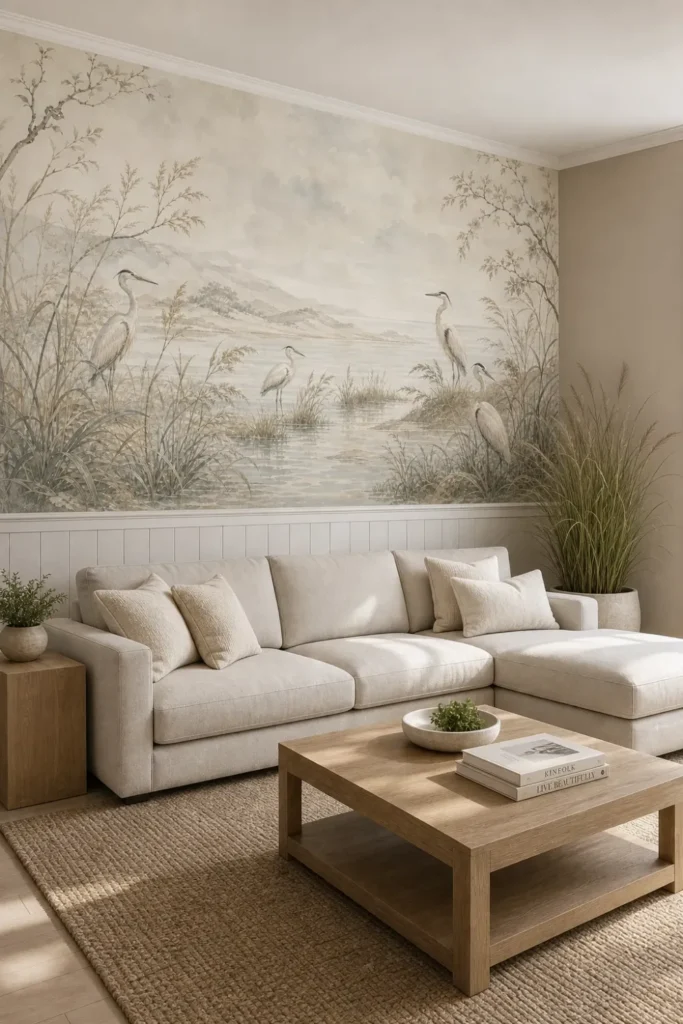 A modern transitional living room featuring a chinoiserie heron marsh coastal mural installed above wall paneling behind a grey sectional sofa.