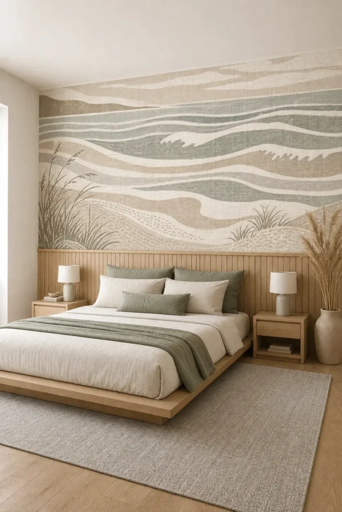 A modern Scandinavian bedroom featuring a linen block print coastal waves mural above oak wainscoting.