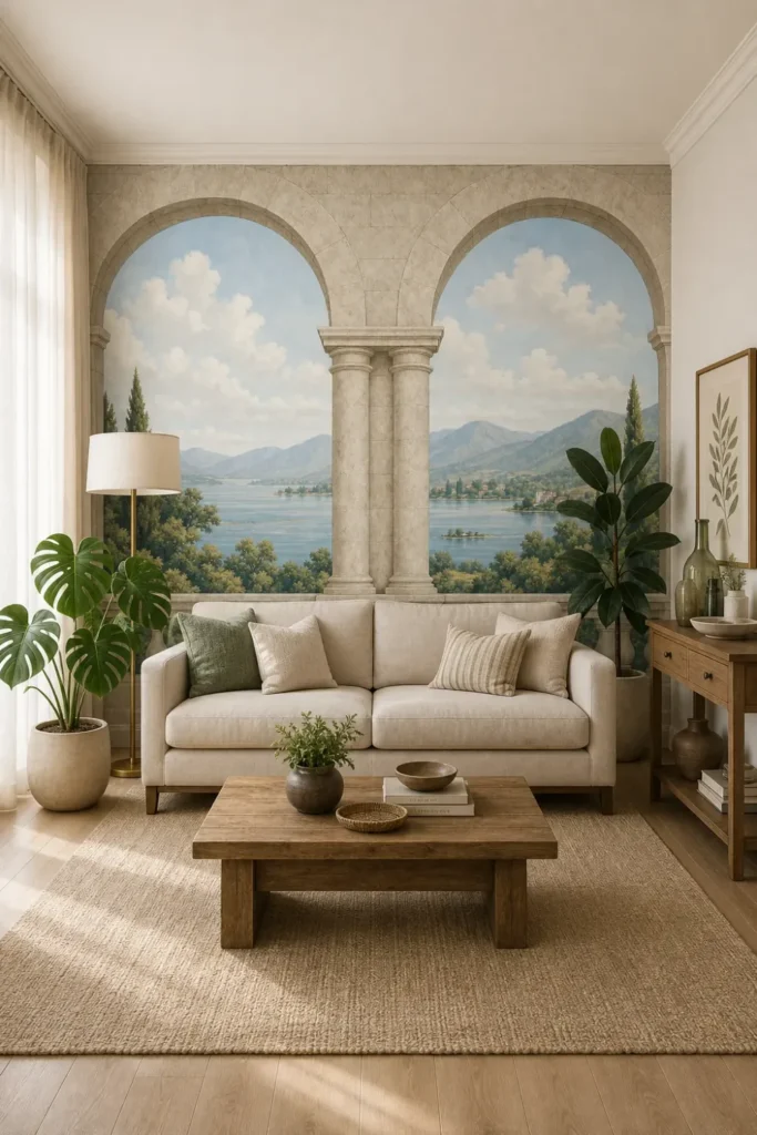 A modern Mediterranean living room featuring a classical arch landscape mural behind a neutral beige sofa.