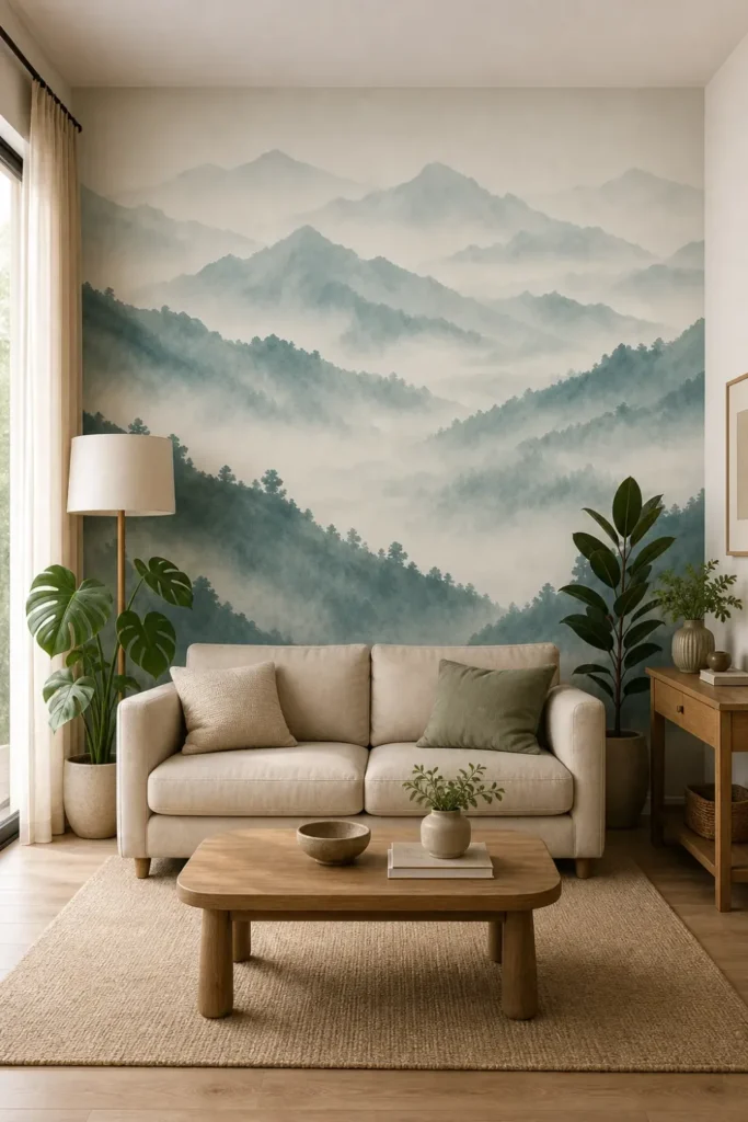 A Japandi living room featuring a neutral misty mountain mural as a focal point behind a light beige sofa.