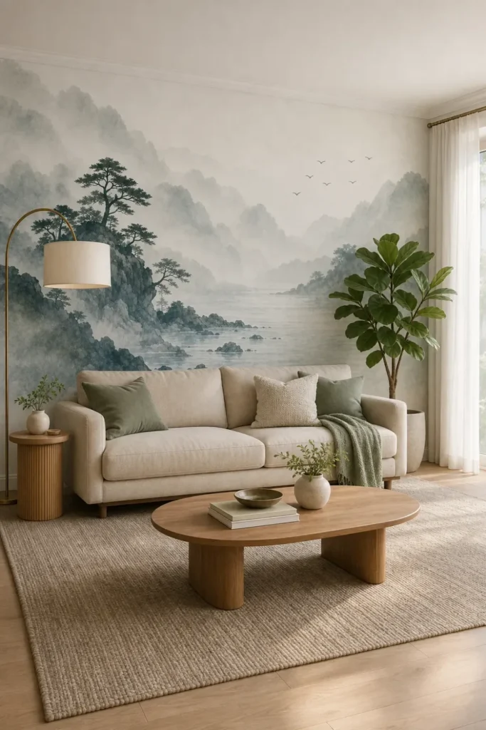 A serene Japandi living room featuring a neutral misty mountain wall mural on the main feature wall behind a beige sofa.
