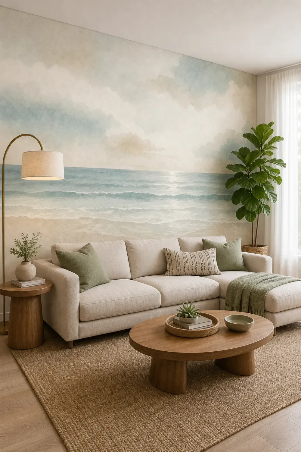 A modern organic living room featuring a neutral watercolor ocean wall mural behind a comfortable sectional sofa.