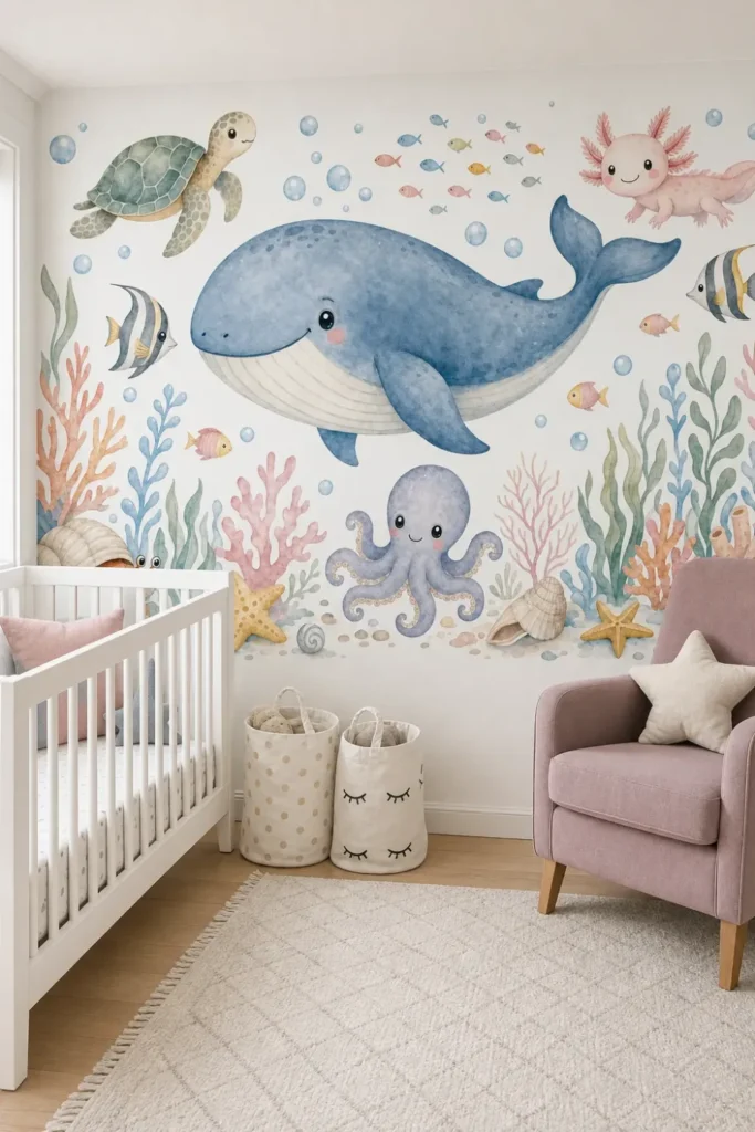 A modern nursery features a Watercolor Ocean Wallpaper mural with whales and sea turtles behind a white wooden crib.