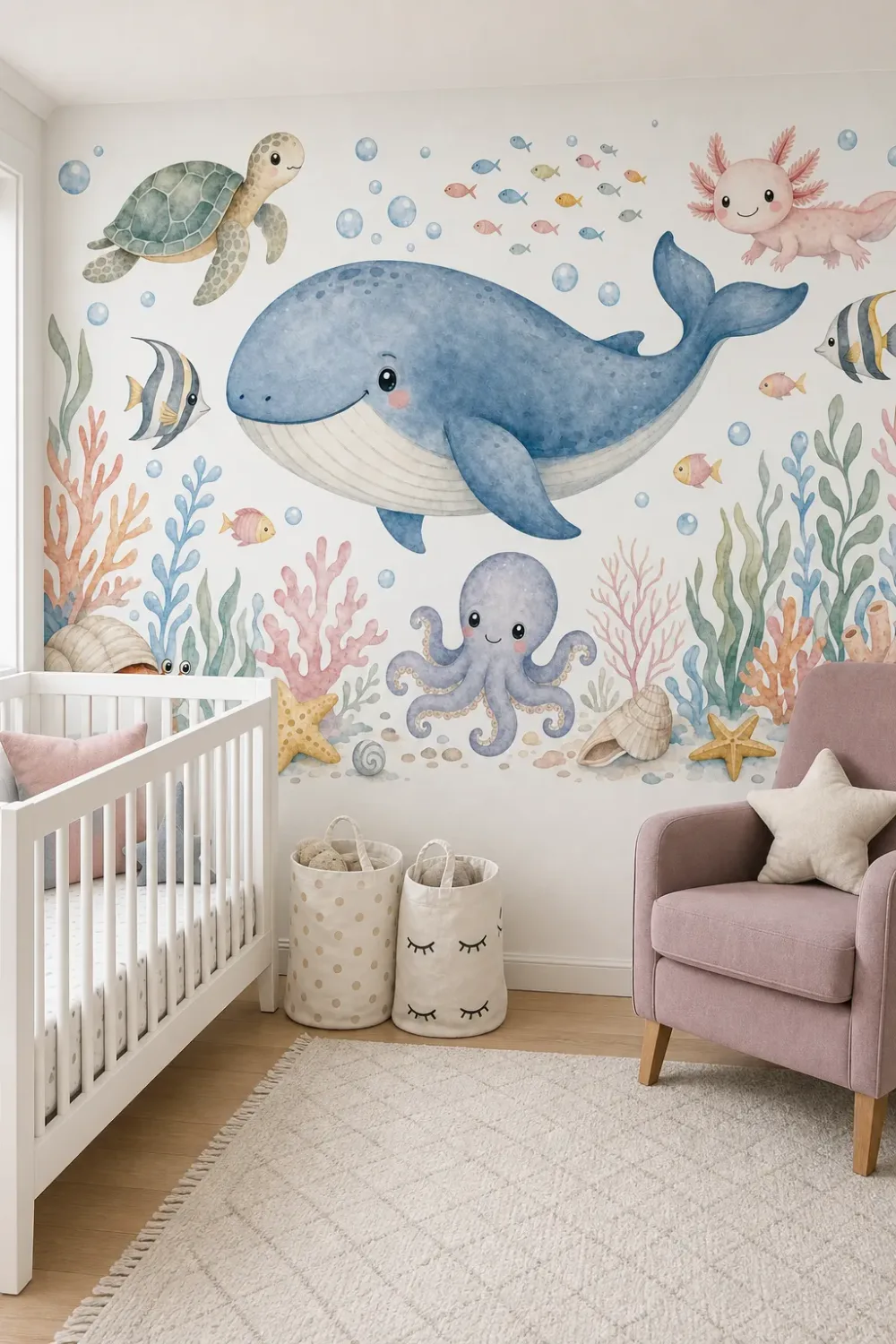 A modern nursery features a Watercolor Ocean Wallpaper mural with whales and sea turtles behind a white wooden crib.