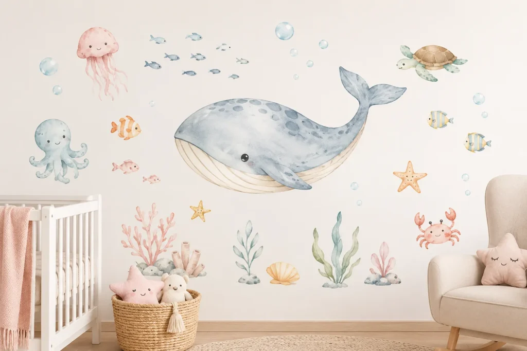 A modern minimalist nursery featuring an Under the Sea Wall Mural with watercolor whales and sea creatures above a white crib.