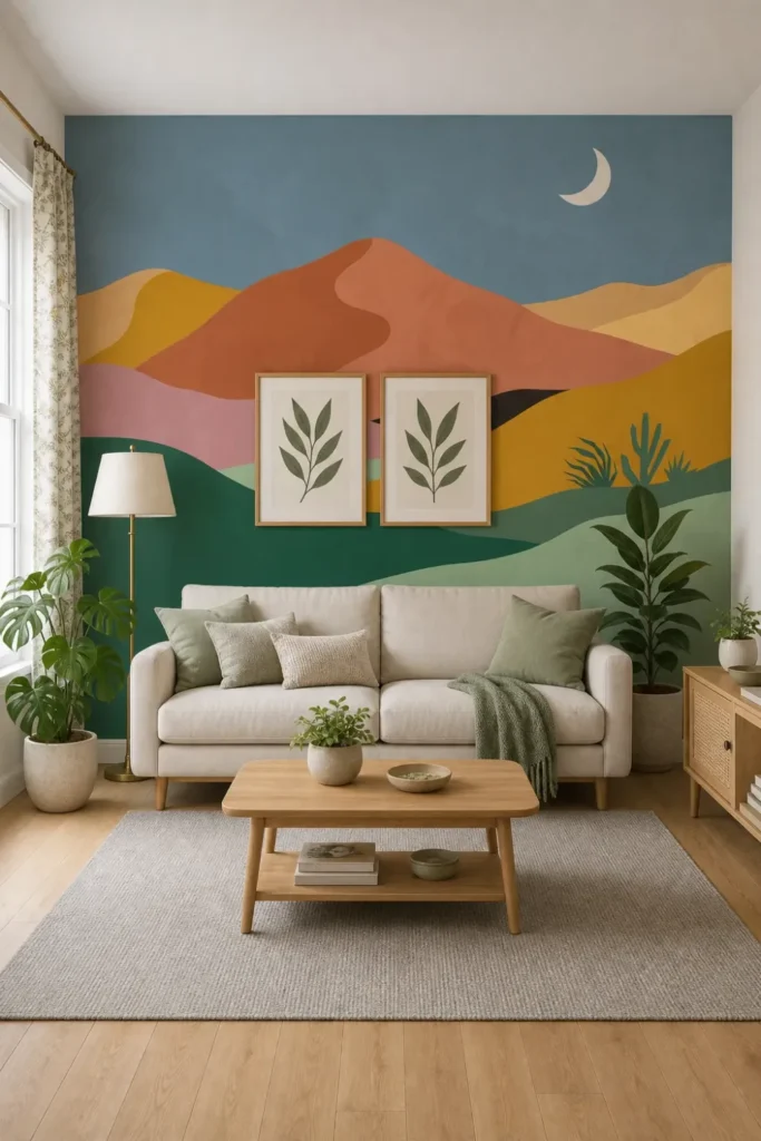 A modern Scandi living room featuring an abstract desert hills moon mural on the focal wall behind a three-seater sofa.