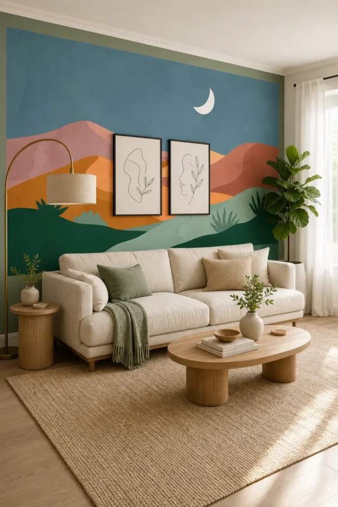 A Scandi-Boho living room featuring a pastel desert dunes crescent moon mural on the main accent wall behind a sage green sofa.