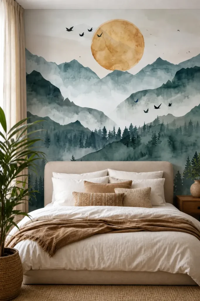 A modern bohemian bedroom featuring the misty watercolor mountain moon mural installed on a large accent wall behind an upholstered bed.