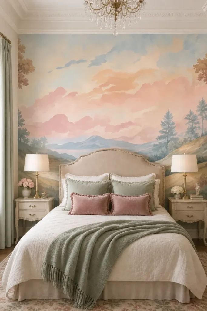 A neoclassical bedroom featuring a pastel mountain valley wall mural on the focal wall behind a queen bed.