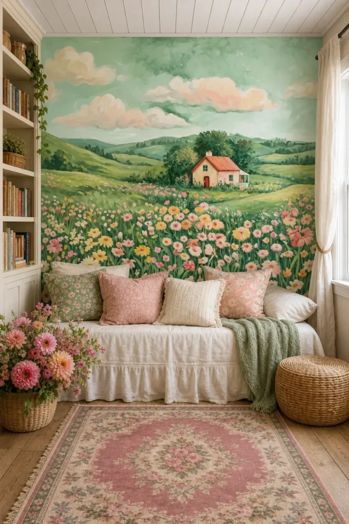 A cozy cottagecore bedroom featuring a large wildflower meadow cottage mural on the main wall behind a white daybed.