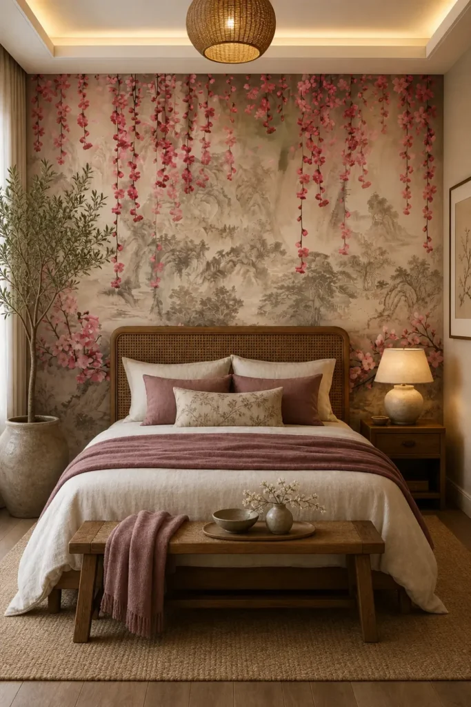 A serene Japandi bedroom featuring a cherry blossom waterfall landscape mural behind a minimalist wooden bed.