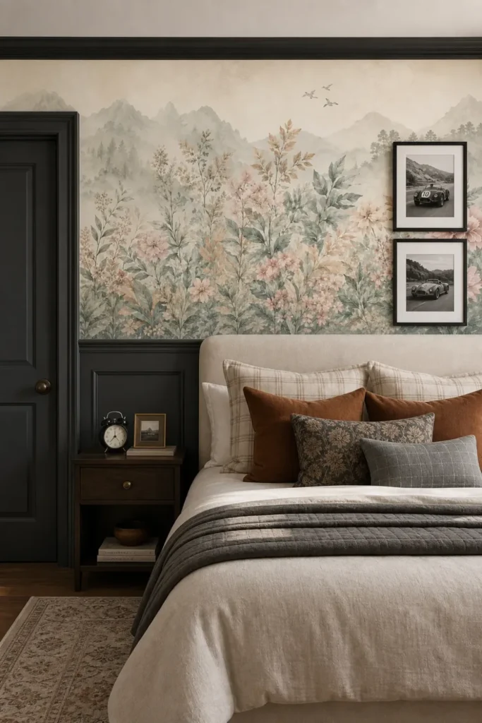 A sophisticated modern traditional bedroom featuring a soft floral mountain nursery mural installed above charcoal grey wainscoting.