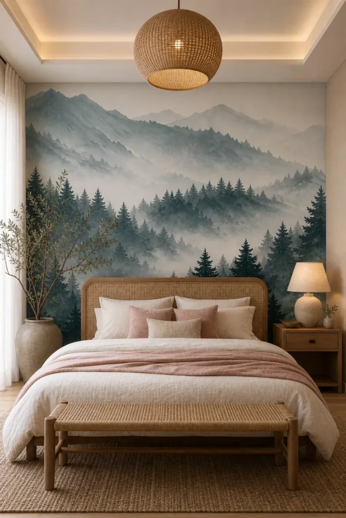A serene Japandi bedroom featuring a misty pine forest mountain mural as a tall accent wall behind a cane headboard.