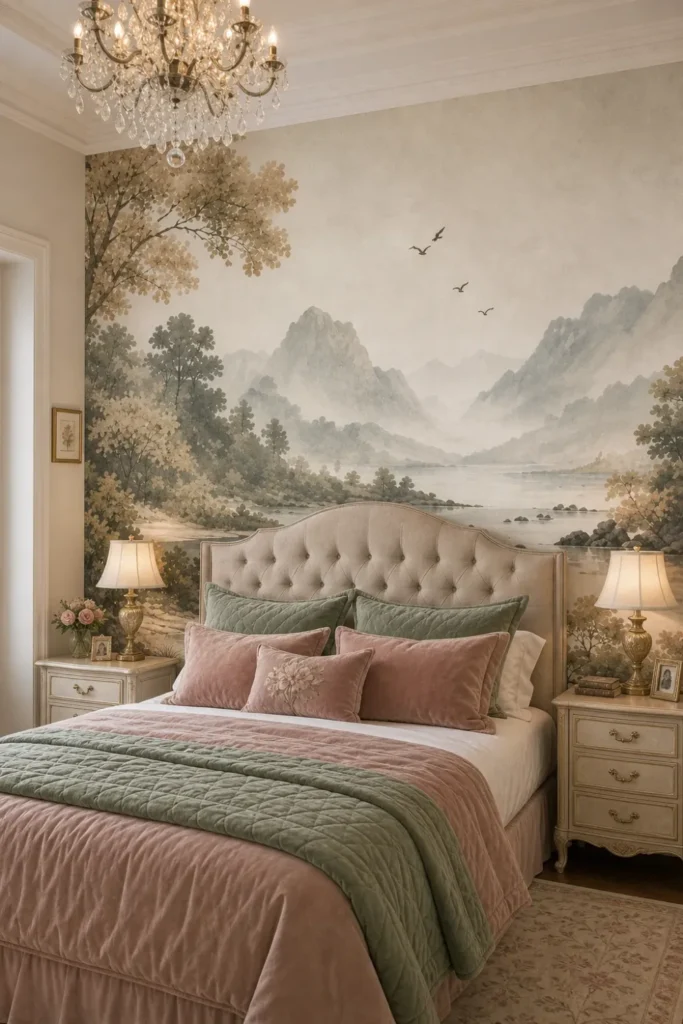 A traditional elegant bedroom featuring a vintage lake landscape mural behind a tufted upholstered bed.