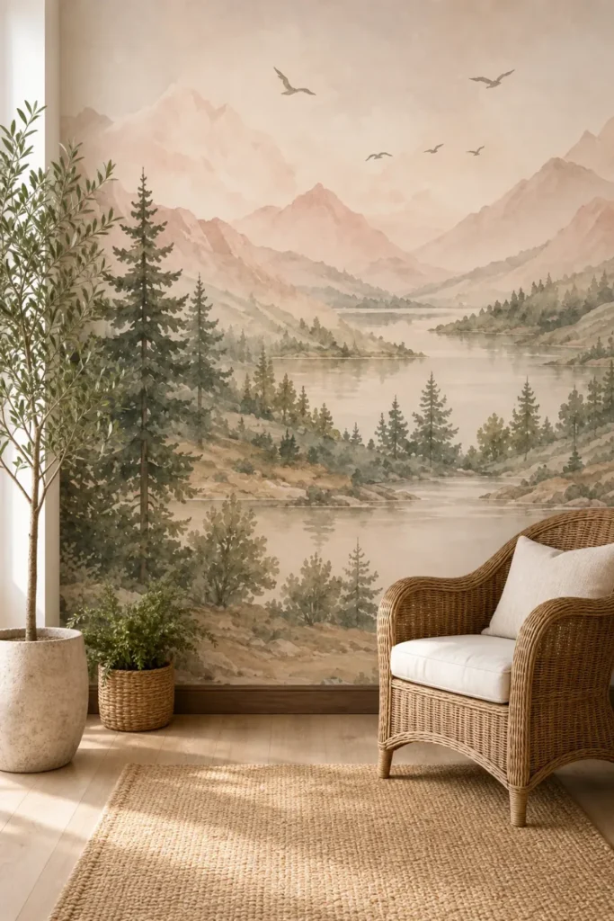 A serene bohemian seating nook featuring a watercolor alpine lake mountain mural on a large feature wall, styled with a wicker armchair and indoor plants.
