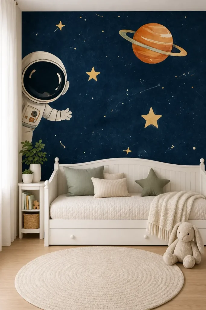 A modern nursery feature wall displaying a watercolor astronaut rocket planets space mural behind a white daybed.