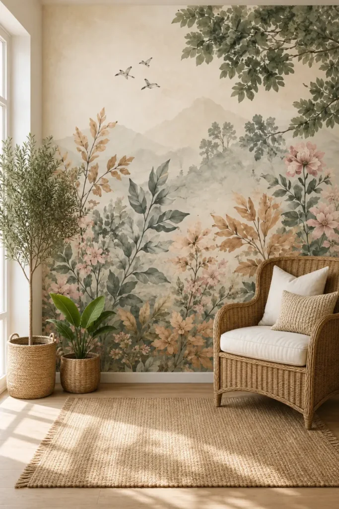 A Bohemian living room featuring a vintage floral mountain garden mural behind a wicker armchair and olive tree.