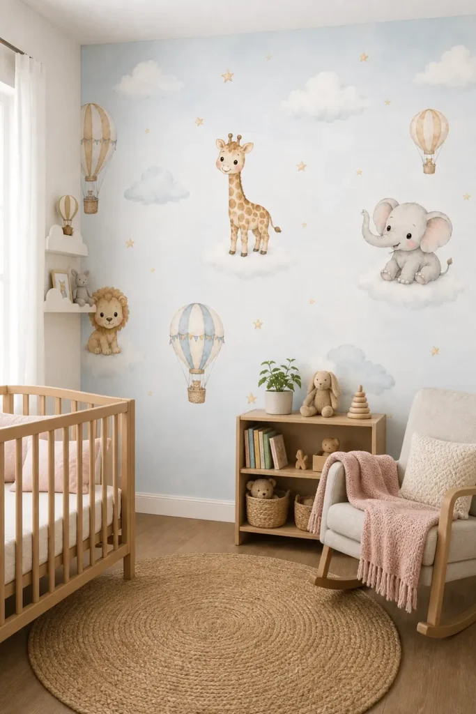 A modern nursery interior featuring a whimsical safari animals hot air balloon mural on the main feature wall.