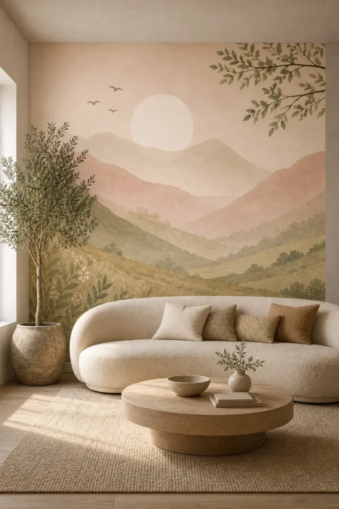 A Japandi living room featuring a pastel mountain valley sunset mural behind a curved white sofa.
