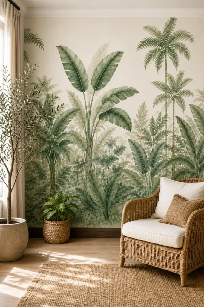 A Tropical Boho-Chic living room featuring a soft tropical palm leaf mural and a wicker armchair.