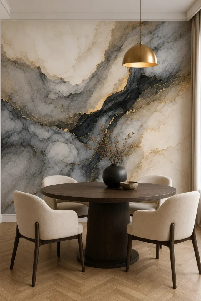 A modern minimalist dining room featuring a black and gold marble mural on the main feature wall with cream upholstered chairs.