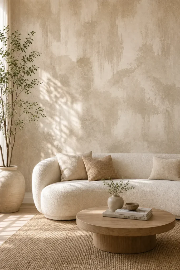 A Japandi style living room featuring a warm beige abstract watercolor mural on a textured plaster wall behind a curved white boucle sofa.