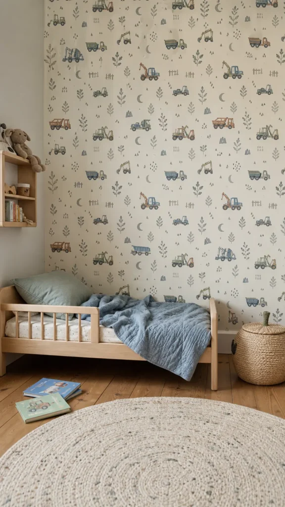 Inviting toddler boy room with playful patterned wallpaper