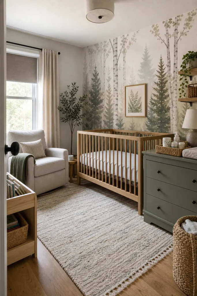 Calm woodland nursery with forest mural, natural wood furniture, and safe empty crib