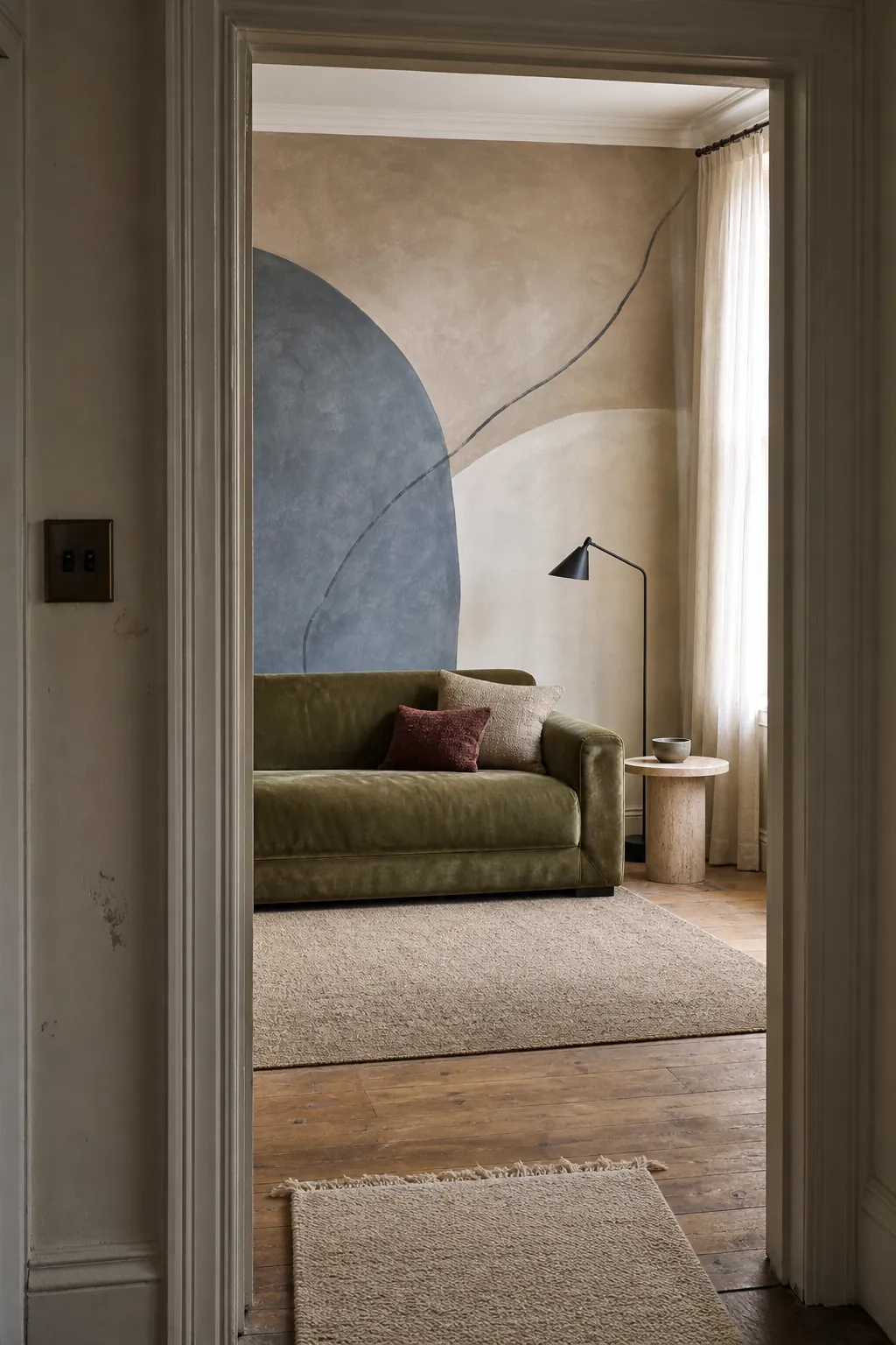 Living room sightline toward a muted abstract limewash mural behind a low sofa