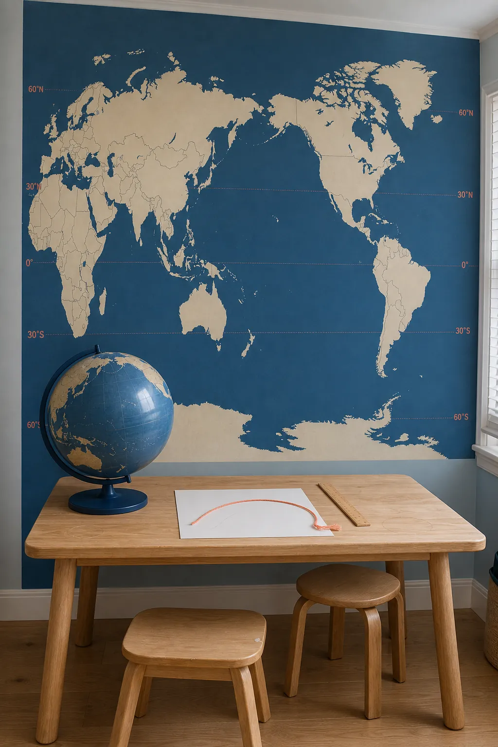 Accurate world map wall mural paired with a globe in a playroom