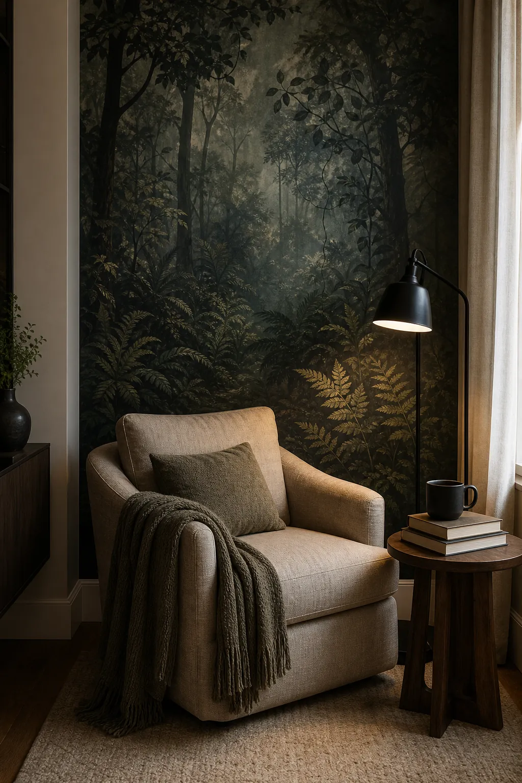 Adult reading chair nook with sophisticated magical forest wallpaper, linen chair, walnut table, and warm lamp.