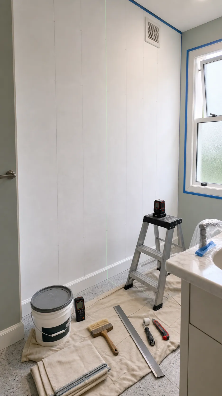 Prepared smooth dry bathroom wall ready for an ocean mural installation