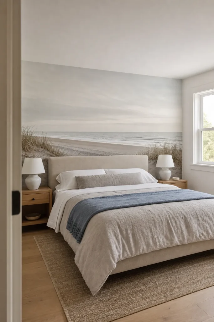 Beach landscape wallpaper mural in a calm guest bedroom