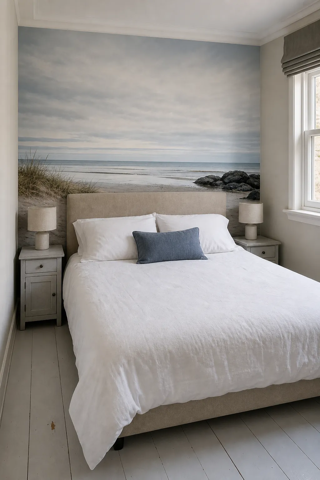Beach landscape mural with a calm horizon positioned above a guest bed