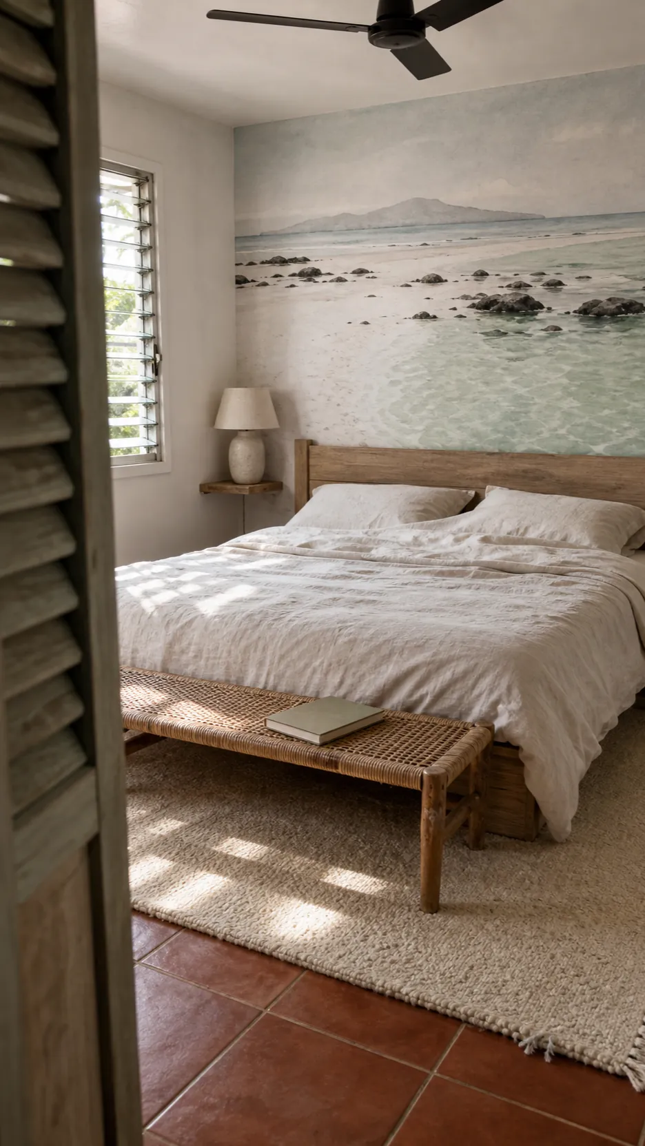 Beach mural bedroom layered with linen wool cane and weathered oak textures