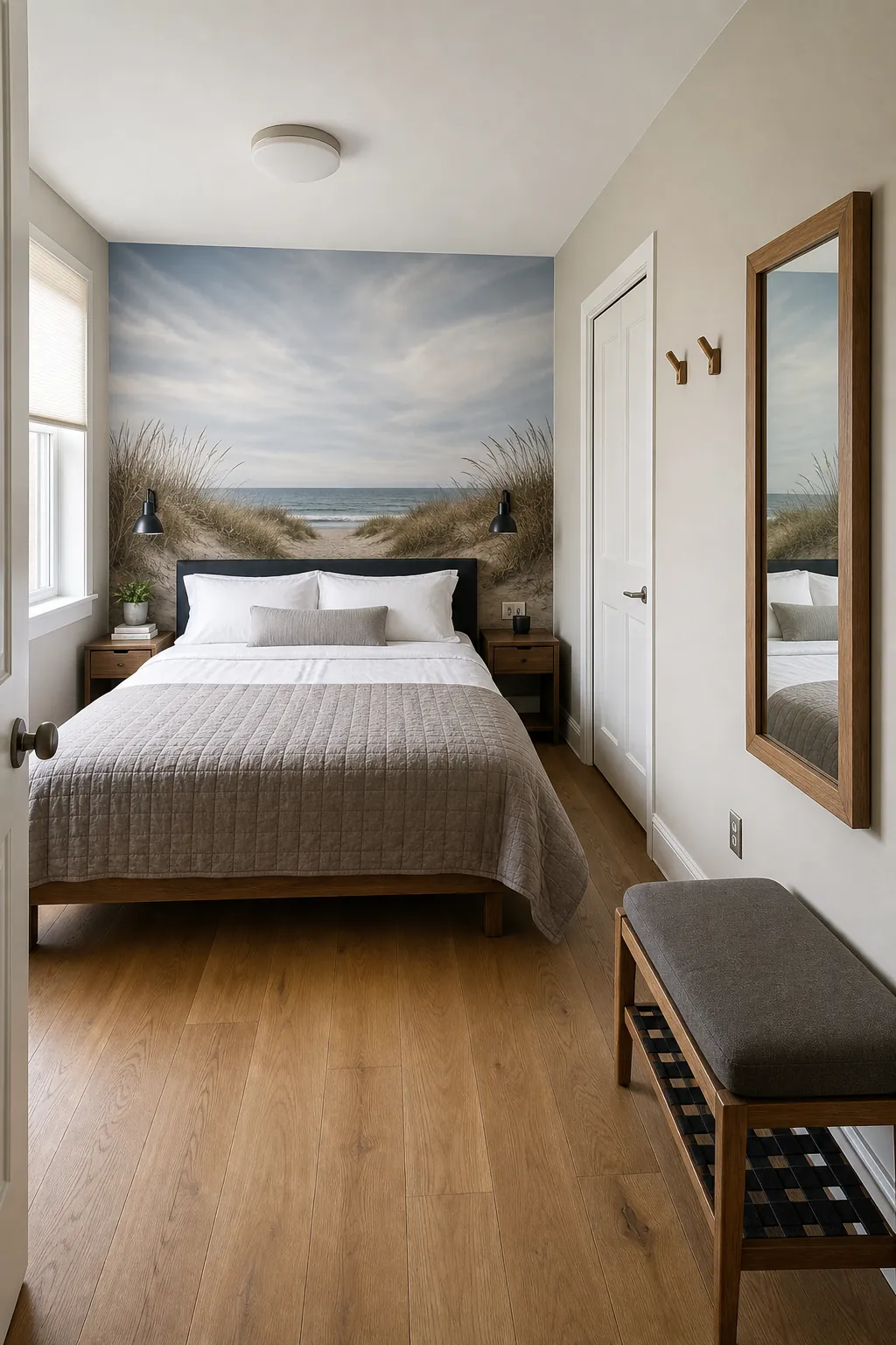 Beach wall mural placed behind a bed in a practical guest room layout