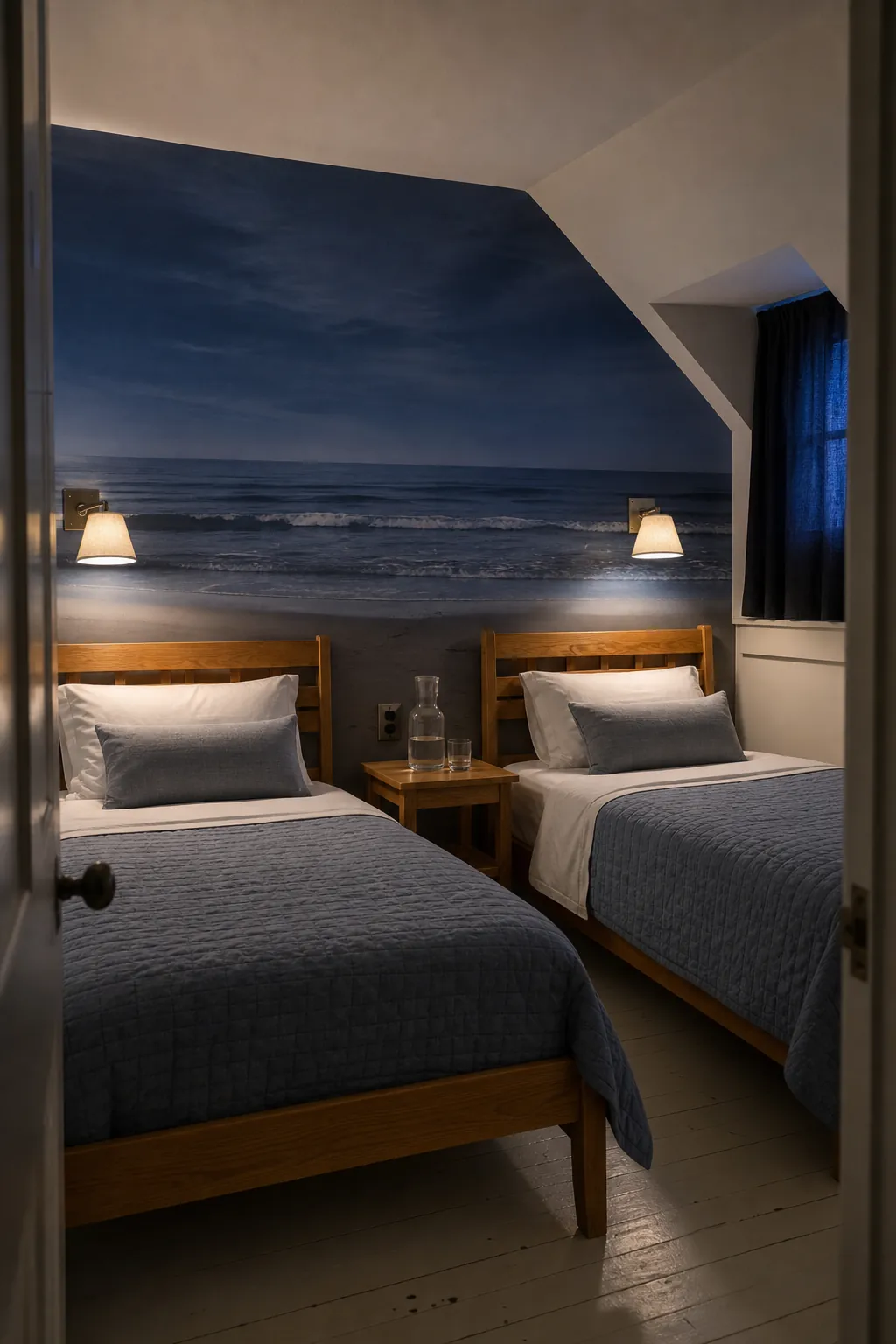 Beach wallpaper mural in a calm guest bedroom under warm evening lights